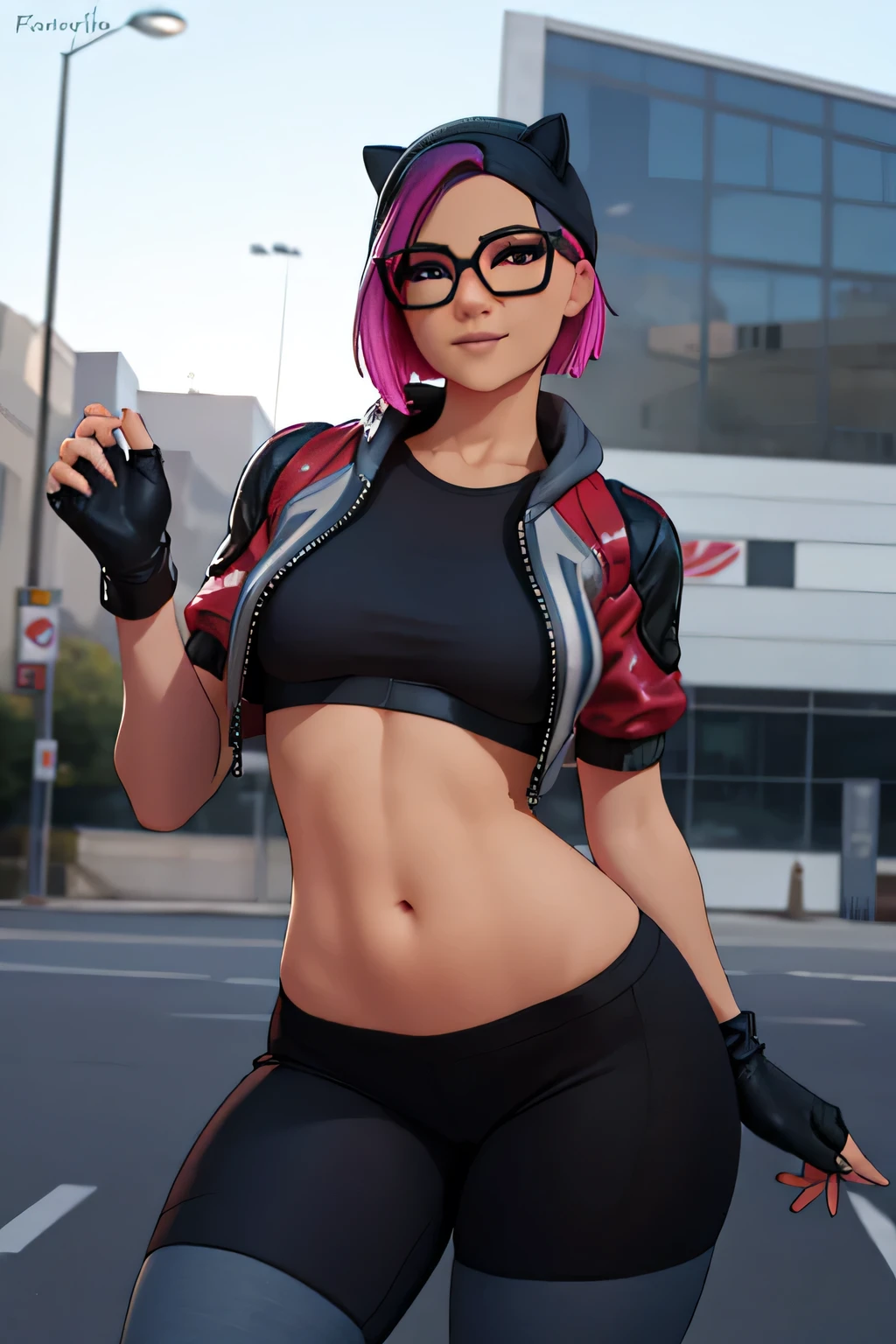 (masterpiece), (best quality), standing, (solo), looking at viewer, high detailed,extremely detailed, fine eyes, smile,dynamic pose, short pink hair,cap,crop top, jacket,fingerless glove,curvy,glasses,(gray leggings),(portrait:1.2),