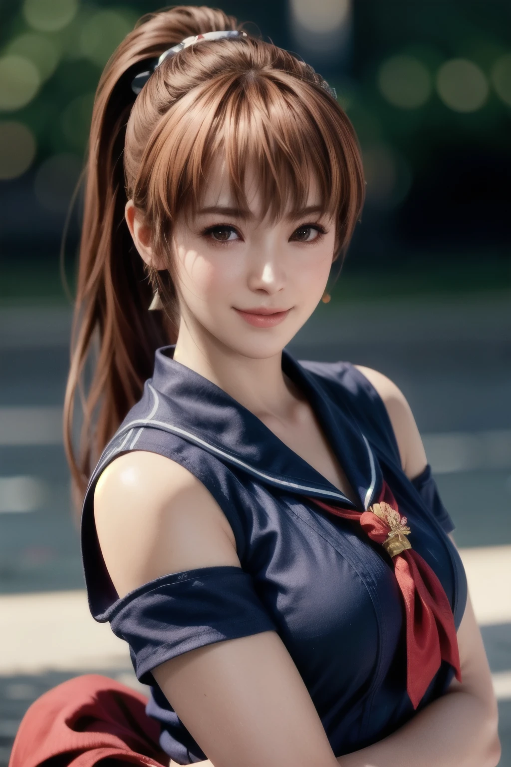 Full body shot of Kasumi, Young face, Brown Hair, ponytail, Sailor suit, With decorative ornament, alone, Shyly lowered face, Red cheeks, Shy laugh, A pose with a slight twist of the upper body, Side lighting, Shallow and sharp depth of field,(Very detailed),Realistic, (masterpiece), (High resolution), (8k wallpaper)