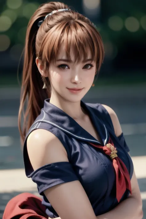 full body shot of kasumi, young face, brown hair, ponytail, sailor suit, with decorative ornament, alone, shyly lowered face, re...