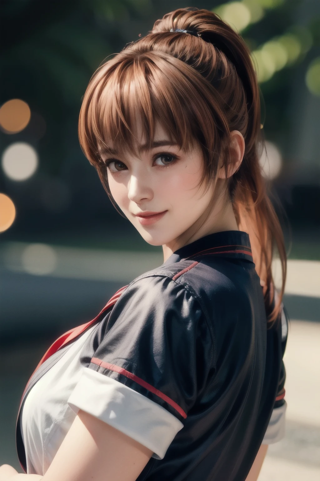 Full body shot of Kasumi, Young face, Brown Hair, ponytail, Sailor suit, With decorative ornament, alone, Shyly lowered face, Red cheeks, Shy laugh, A pose with a slight twist of the upper body, Side lighting, Shallow and sharp depth of field,(Very detailed),Realistic, (masterpiece), (High resolution), (8k wallpaper)