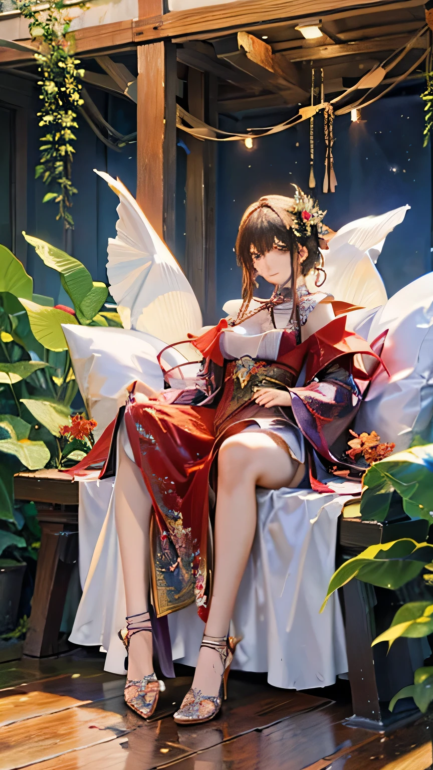 (highest quality, High resolution), Glowing Eyes, Delicate facial features, Vibrant colors, Dreamy atmosphere, Fantasy Theme, Floral Background, Graceful Movement, Detailed clothing, loose fitting dress, Elegant fashion, Magic lighting, Mysterious Aura, Heavenly Beauty, Magic thread, Whimsical elements,Big Breasts、Red attire、Colorful costumes、lingerie、Purple outfit