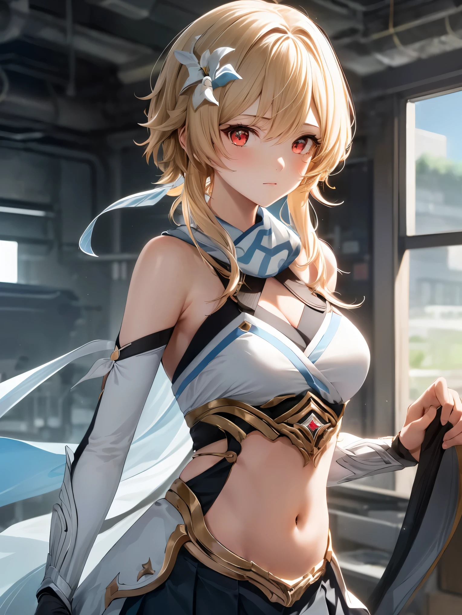 1girl, solo, luminedef, cleavage, (glowing red eyes)
BREAK (center opening, navel, midriff, skirt, detached sleeves:1.2),
BREAK (Overhead view),dynamic angle,close-up, straight on, (expressionless,closed mouth),(standing), (mechanic room with toolsand spaceship windowin a white SPACESHIP), 
BREAK ((top quality, 8k, masterpiece: 1.3, ultra hd, high quality, best quality, high definition, realism)), sharp focus: 1.5, Beautiful woman with Slim body, (perfect hands, perfect anatomy),