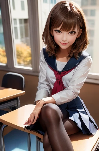 masterpiece, highest quality, Very detailed, figure, colorful, Fall colors, Depth of written boundary, Lens flare,

One girl, anime, Sitting, Black Hair, View your viewers,School, classroom, Pleated mini skirt , , serafuku, Black Pantyhose, Detailed skin texture, Detailed cloth texture, Beautifully detailed face,