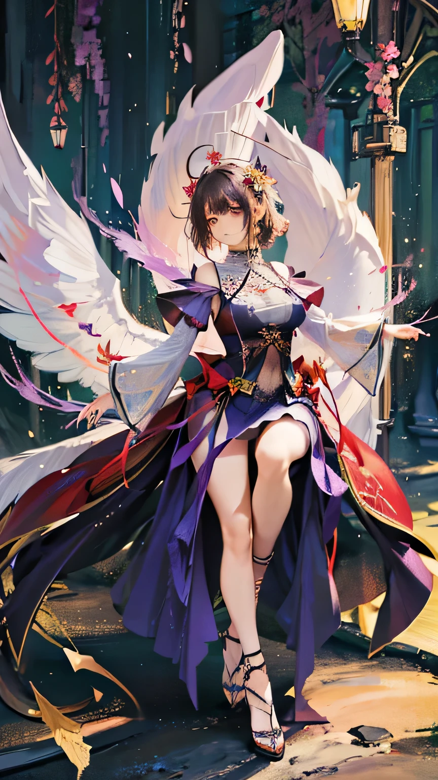 (highest quality, High resolution), Glowing Eyes, Delicate facial features, Vibrant colors, Dreamy atmosphere, Fantasy Theme, Floral Background, Graceful Movement, Detailed clothing, loose fitting dress, Elegant fashion, Magic lighting, Mysterious Aura, Heavenly Beauty, Magic thread, Whimsical elements,Big Breasts、Red attire、Colorful costumes、lingerie、Purple outfit