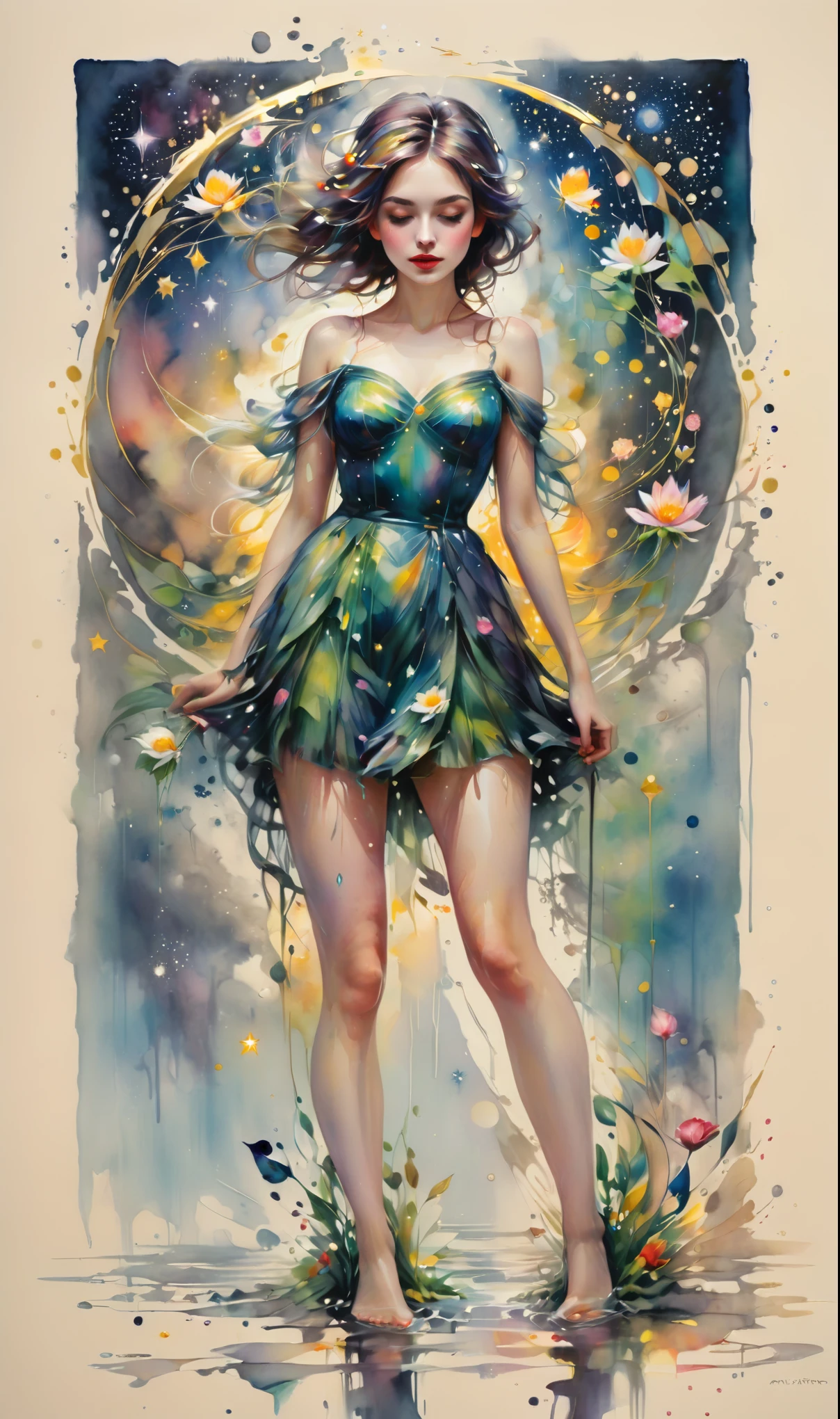 (best quality,actual,high resolution:1.2),pastel tones, painting,Impressionist strokes,from cubism, Fauvism to Surrealism and Abstraction, Beautiful and delicate eyes of a woman,Beautiful and delicate lips,flowing hair, Their artistic concepts and patterns are reflected in the clothing design.starry sky background, High quality, masutepiece, watercolor paiting, Cleaning technology, Colorful, Paint dripping and scattered, Paintings like Agnes Cecil, Blurry, Pale touch, Dirty outlines, Like in a fairy tale, Beautiful woman made of flower coloring, Feminine expression using flowers and plants, Cut and combine petals and leaves, Using flower colors and shapes to draw women's hair or dresses, Bright colors and nature, luminism, 3D Effects, Enhanced beauty, Albert Anker, Feel like John Howe, Greg Rutkowski, ArtGerm, wlop, luminism, isometric, by Yukisakura, awesome full color,