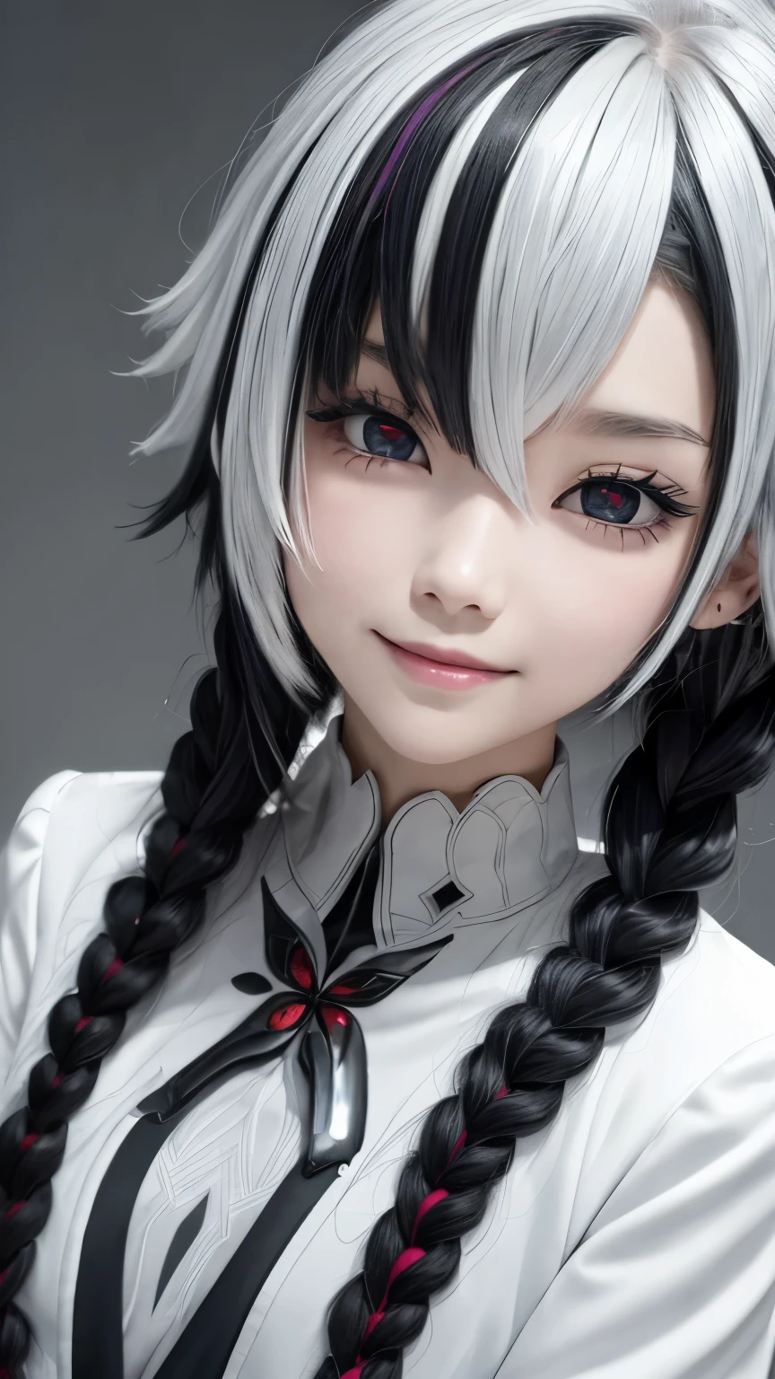 （（（masterpiece）），（（（best quality）） ),((Ultra Detailed)),(Light),(Dynamic Angle),little girl，Around 10 years old，Mid-chest，White hair，Black Hair，Colorful Hair，short hair，Straight Hair，Long braids，发Light的红眼睛，Red X pupil，so cute，The smile is good-looking，whole body