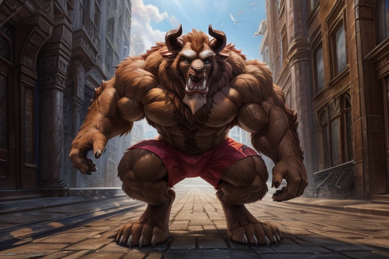 A photorealistic image of the Beast from the movie Beauty and the Beast, super muscular giant, with muscular arms, broad shoulders, giant and toned physique, bursting muscular veins, blue eyes, tail, super furry brown fur, backward facing horns, with veins jumping, barefoot, super giant 50 meters high in the center of a city Lora:, full height. 4K, high resolution, best quality, (strong pecs, defined muscles, muscular shoulders), correct anatomy, (by Wfa:1.0), (by Takemoto Arashi:1.0), (by Taran Fiddler:0.5), sensual, (pink shorts , topless), sensual shadows, slender posture, open mouth, show tongue, open:1 eyes, detailed eyes