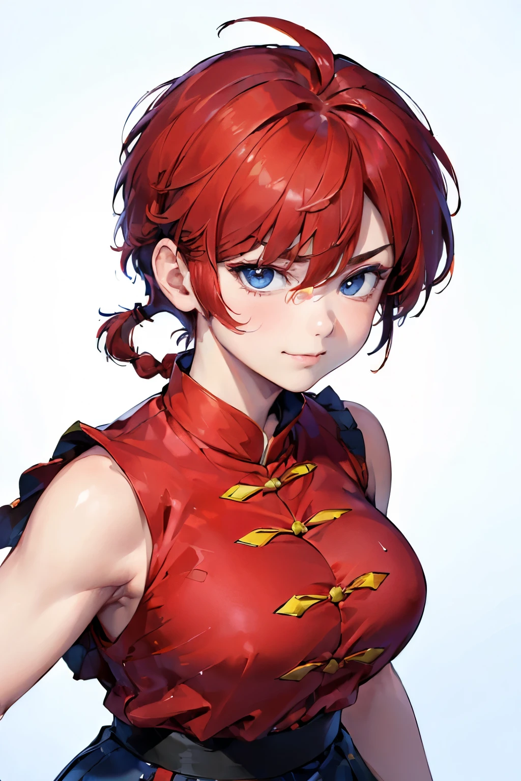 ((masterpiece:1.4)), high quality, very_high_resolution, large_filesize, full color, heavy outline, clear outline, colorful, (beautiful detailed eyes), ((beautiful face:1.0)), ((boyish face:1.4)), 1 girl, (femaleranma), (red hair), short hair, (braided ponytail), ((bangs)), bumpy bangs, blue-gray eyes, big breasts, curvy, femaleranma, braided ponytail, (red chinese clothes), sleeveless, tangzhuang, black pants, cameltoe, standing, upper body, ((from front:1.4)), ((portrait:1.8)), ((face focus:1.4)), (smug face),