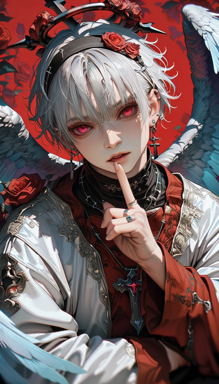 style12.(masterpiece,best quality,hyper quality,8k,absurdres,insane details,intricate details,hyperdetailed,high detail,ultra detailed,realistic:1.4, ),halo,wings,jewelry,flower,solo,white hair,rose,short hair,1boy,red flower,male focus,angel wings,earrings,looking at viewer,angel,feathered wings,red eyes,finger to mouth,ear piercing,long sleeves,piercing,red rose,pink eyes,hairband,necklace,cross,ring,index finger raised,parted lips,bangs,