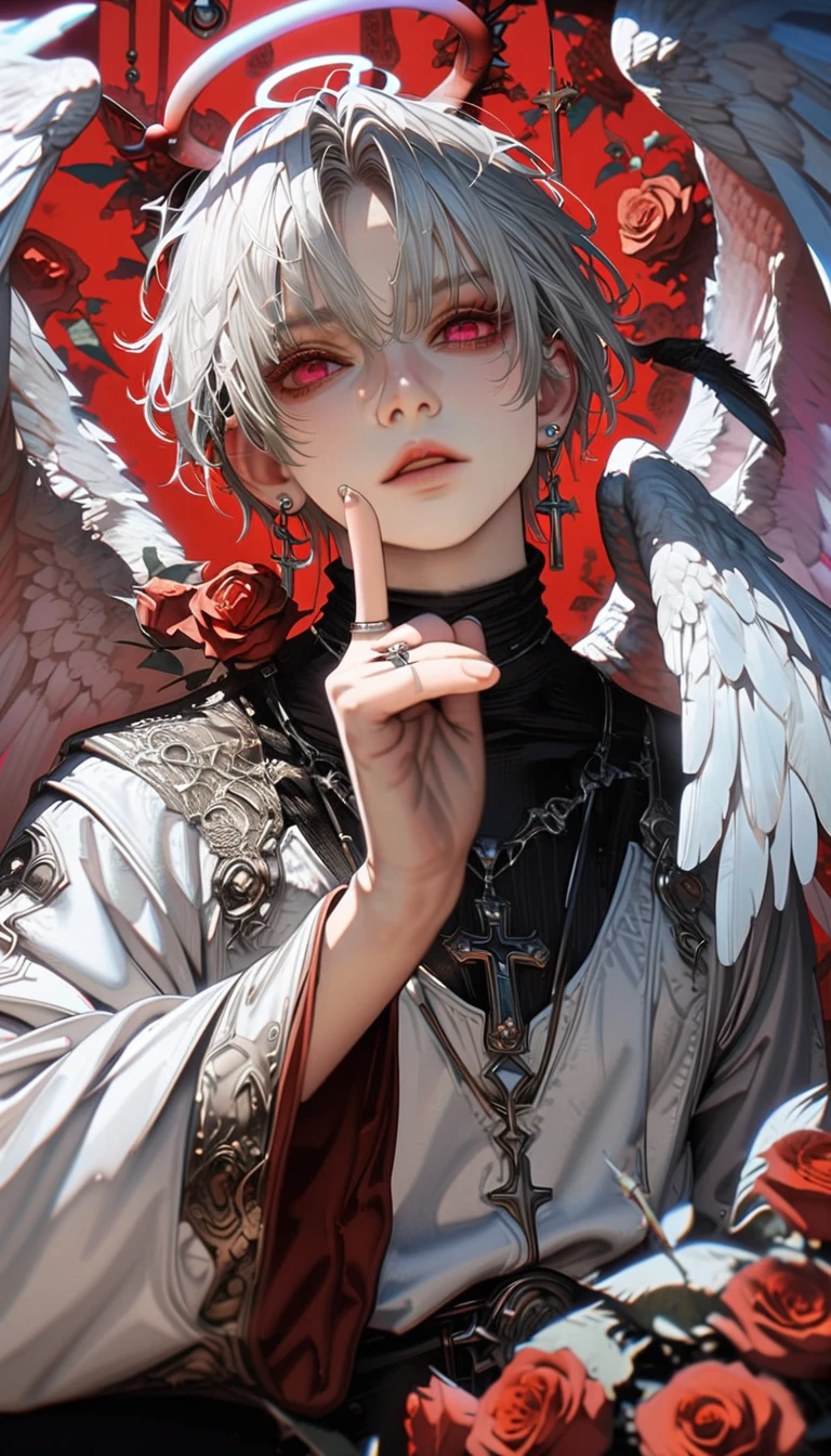 style12.(masterpiece,best quality,hyper quality,8k,absurdres,insane details,intricate details,hyperdetailed,high detail,ultra detailed,realistic:1.4, ),halo,wings,jewelry,flower,solo,white hair,rose,short hair,1boy,red flower,male focus,angel wings,earrings,looking at viewer,angel,feathered wings,red eyes,finger to mouth,ear piercing,long sleeves,piercing,red rose,pink eyes,hairband,necklace,cross,ring,index finger raised,parted lips,bangs,