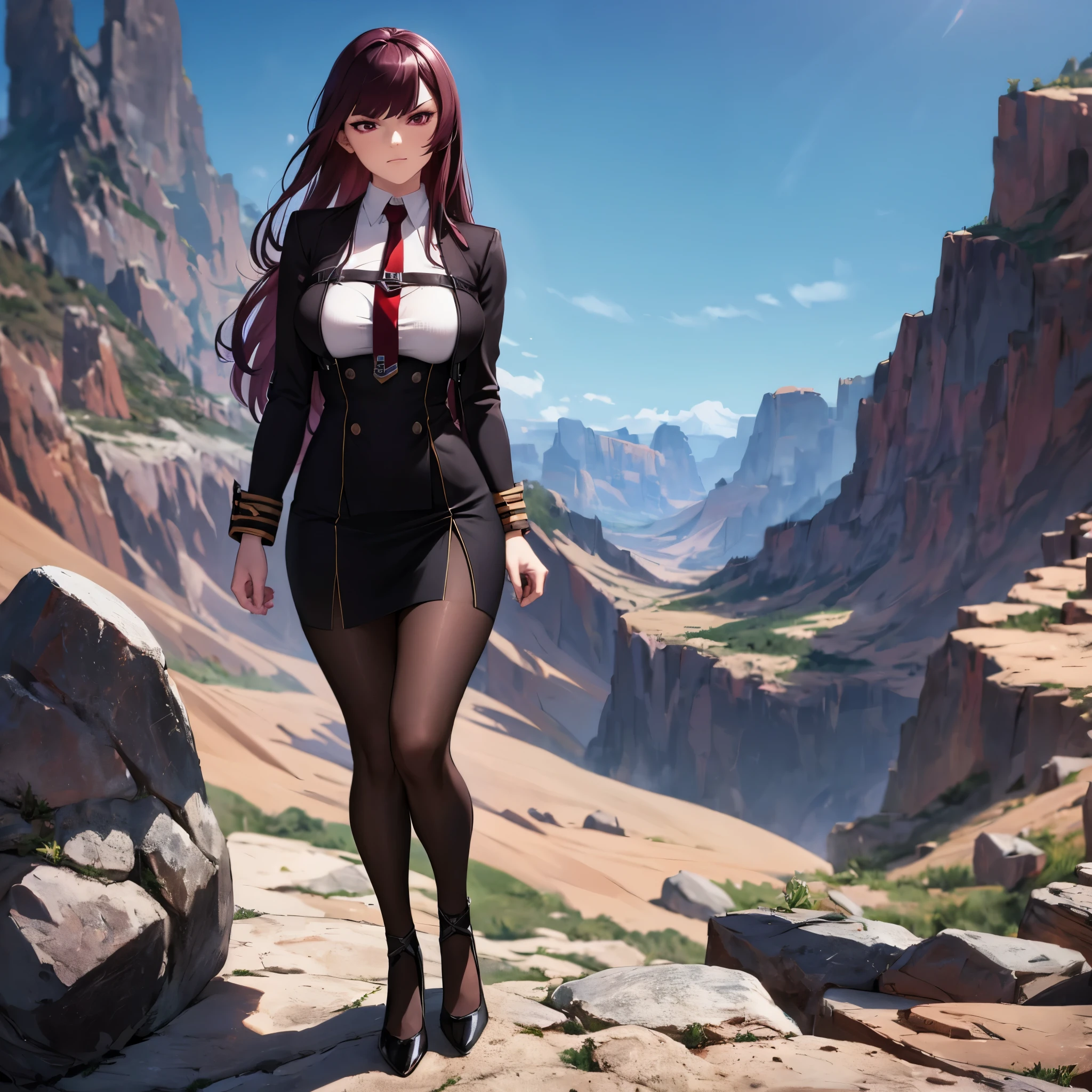 a woman wearing a black suit, burgundy tie, white t-shirt inside the suit, short black skirt, brown tights, black heels, long burgundy hair, burgundy eyes, on a high point of a rocky mountain, overlooking the a city, serious face, big breasts, full body,bloom,, HDR, ultra resolution, sharp, masterpiece, 8K HD
