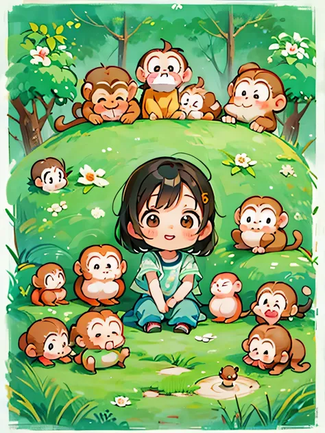 Ai Yazawa style, Kawaii Design, Chibi、Cute monkey, monkey forest