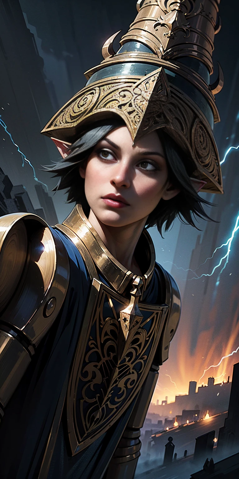 high details, best quality, 8k, [ultra detailed], masterpiece, best quality, (extremely detailed), dynamic angle, ultra wide shot, photorealistic, fantasy art, dnd art, rpg art, realistic art, an ultra wide picture of female elf cleric, holding a hammer, hammer in ligor with lightning sigils (1.5 intese details, Masterpiece, best quality), red cloak (1.5 intricate details, Masterpiece, best quality), holy htning, casting a spell, yellow magical lightning (1.5 intricate details, Masterpiece, best quality), wearing black armor, plate mail armor, elven armsymbol, blue light from symbol, black hair (1.5 intese details, Masterpiece, best quality), short hair, small pointed eard, intense eyes, green eyes, D&D female elf (1.5 intricate details, Masterpiece, best quality) fantasy temple background, lightning storm background, ((divine worship atmosphere)), high details, best quality, highres, ultra wide angle