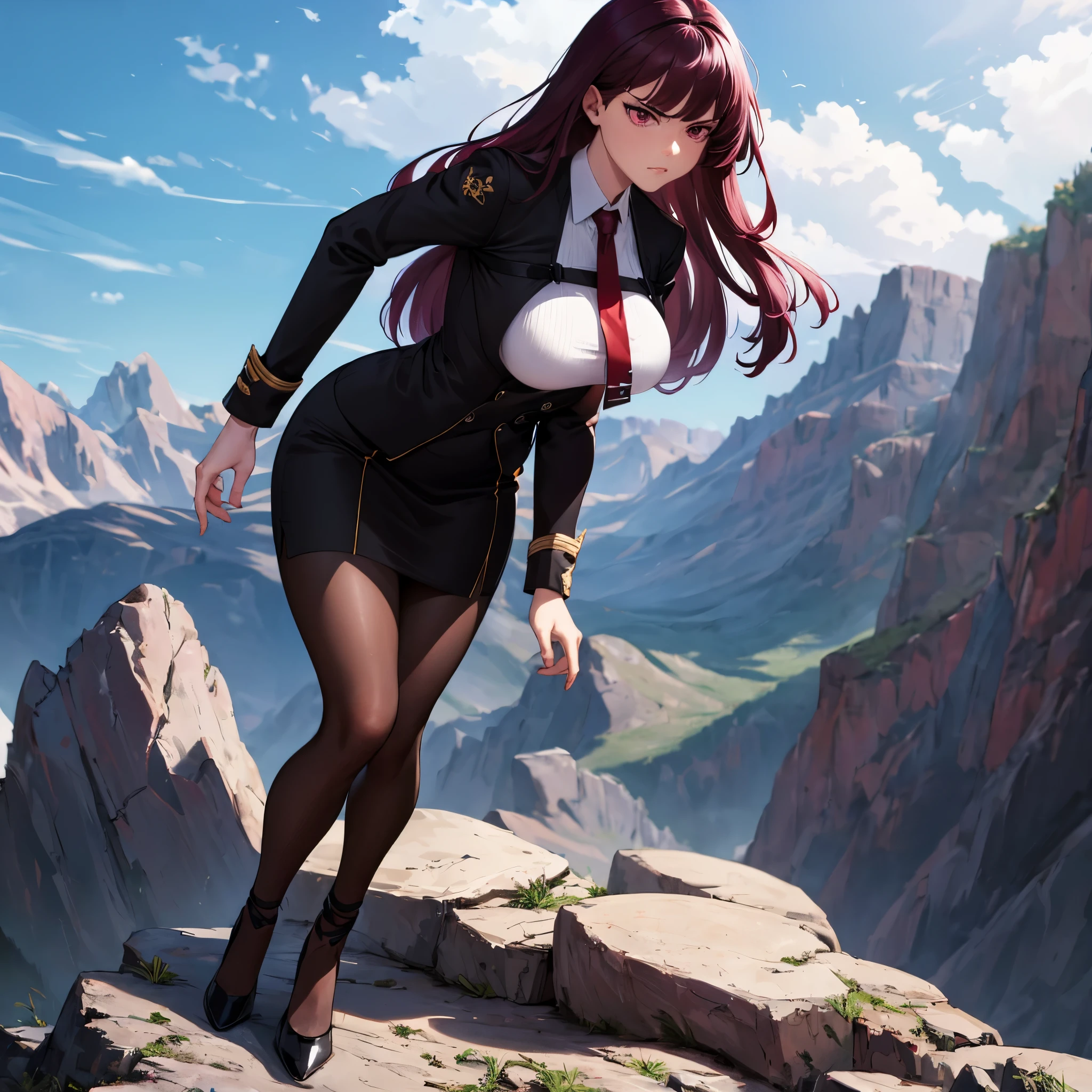 a woman wearing a black suit, burgundy tie, white t-shirt inside the suit, short black skirt, brown tights, black heels, long burgundy hair, burgundy eyes, on a high point of a rocky mountain, overlooking the a city, serious face, big breasts, full body,bloom,, HDR, ultra resolution, sharp, masterpiece, 8K HD
