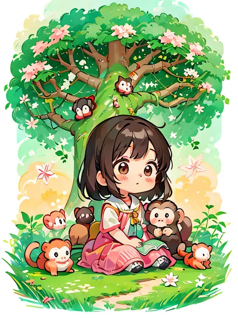 Momoko Sakura style, Kawaii Design, The most beautiful girl of all time、Chibi、Cute monkey, monkey forest