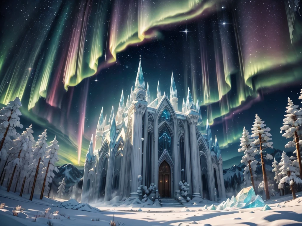 (best quality,4k,8k,highres,masterpiece:1.2),a dreamy castle,a frozen world,living creatures in the heavenly realm,ethereal creatures made of ice,sparkling ice sculptures,icy landscape with towering mountains and frozen lakes,magical light illuminating the scene,glowing crystals hanging from the ceiling,translucent wings that shimmer in the sunlight,delicate snowflakes floating in the air,cotton candy clouds in pastel colors,serene and peaceful atmosphere,faint sound of music echoing in the distance,frozen flowers in full bloom,playful snow sprites dancing in the snow-covered meadows,gentle snowfall adding a touch of magic to the scene,mysterious portal leading to other realms,whispers of enchantments and secrets whispered in the wind,luminous auroras painting the sky with vibrant colors,peaceful yet powerful energy radiating from the surroundings,mystical beings with glowing eyes observing from a distance,ancient ruins covered in ice and snow,nostalgic sense of beauty and wonder,icy sculptures depicting mythical creatures and legendary tales,celestial beings with wings made of ice and frost,frozen waterfalls cascading down the mountains, ethereal mist enveloping the landscape, a sense of serenity and tranquility, a magical kingdom beyond imagination.