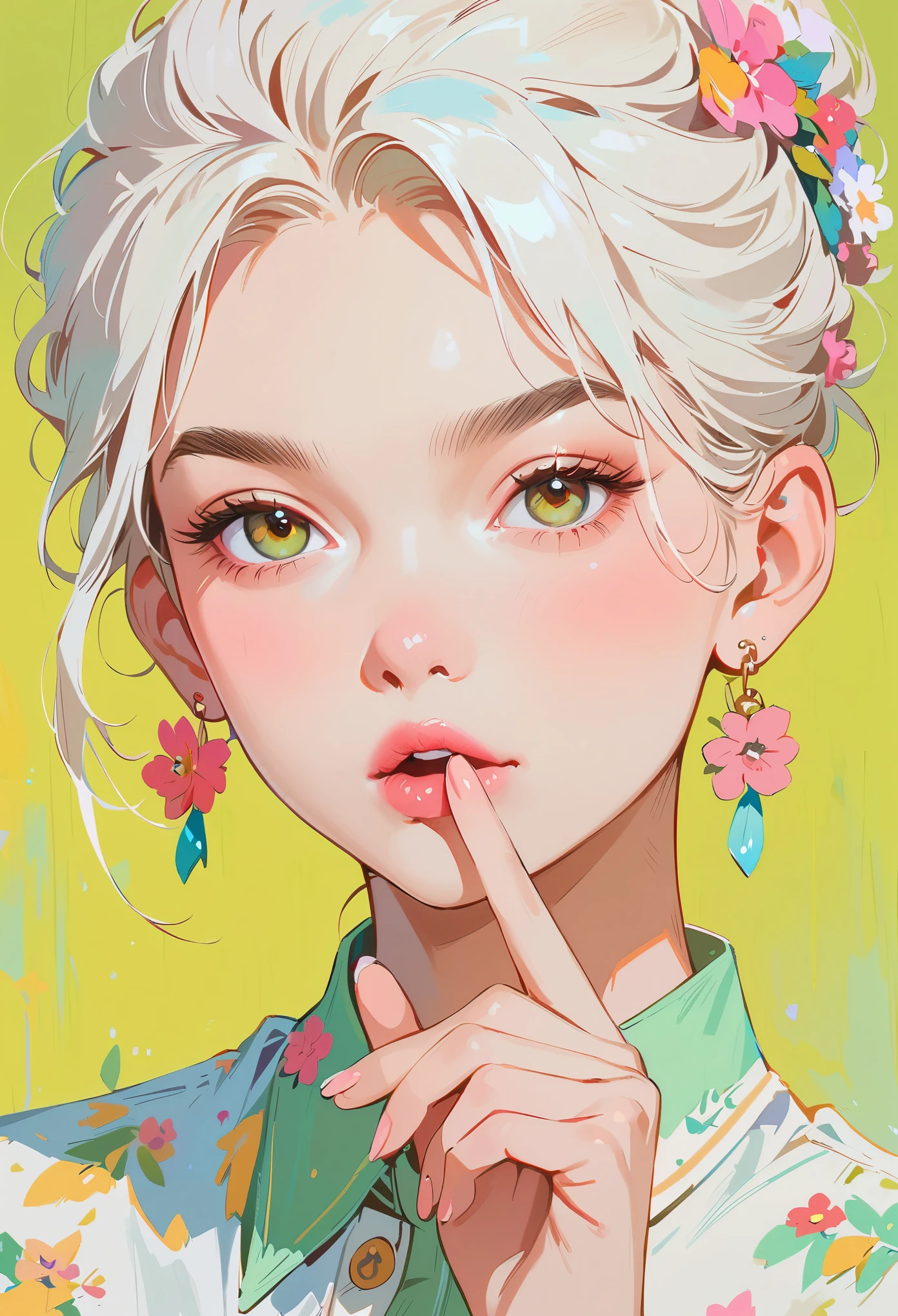 (masterpiece, best quality:1.2), 1 girl, Solitary，anime style，White hair, Girl with pink lips and light floral earrings puts finger on mouth，With the style of a top portrait painter, Yellow-green background.