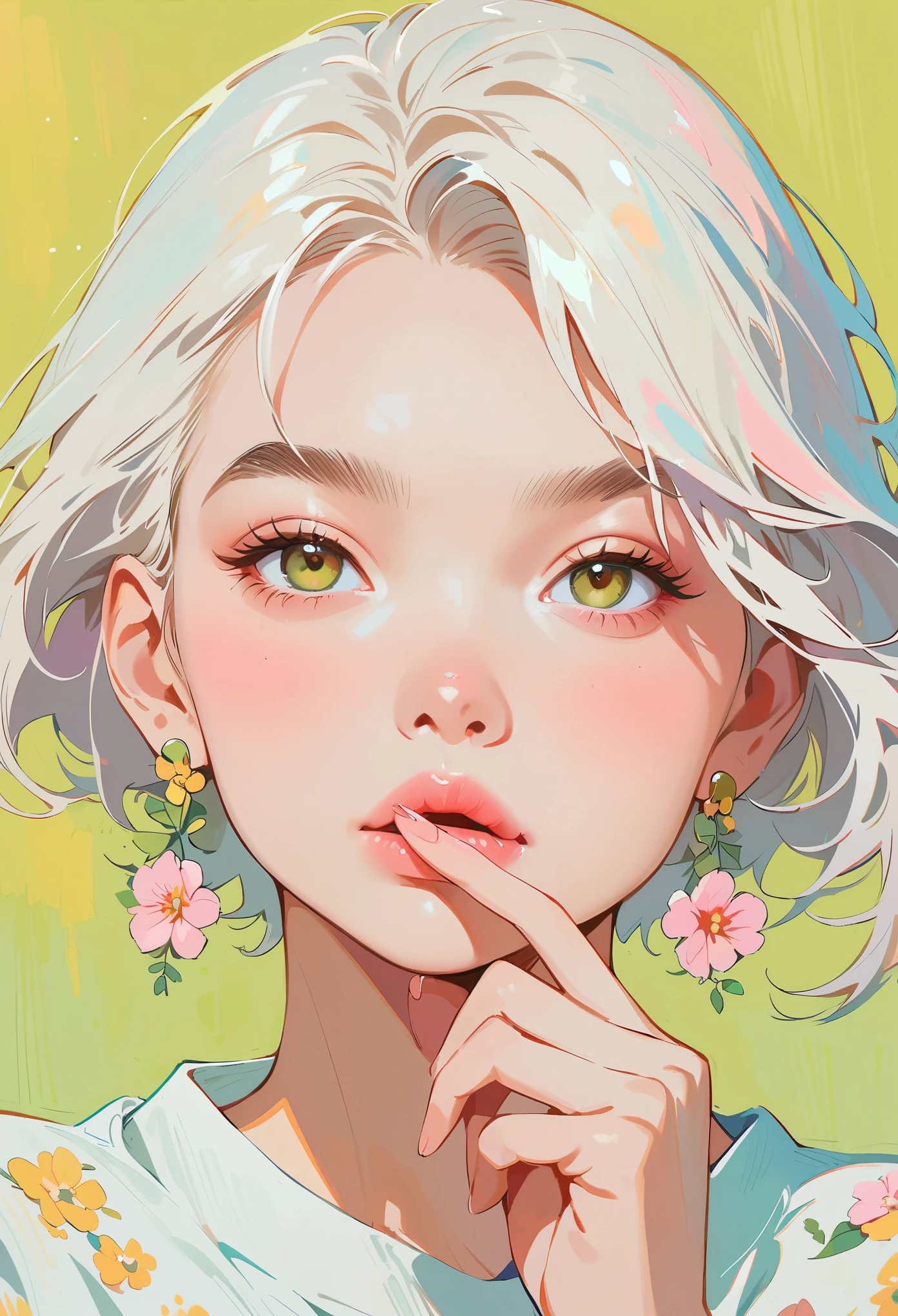 (masterpiece, best quality:1.2), 1 girl, Solitary，anime style，White hair, Girl with pink lips and light floral earrings puts finger on mouth，With the style of a top portrait painter, Yellow-green background.