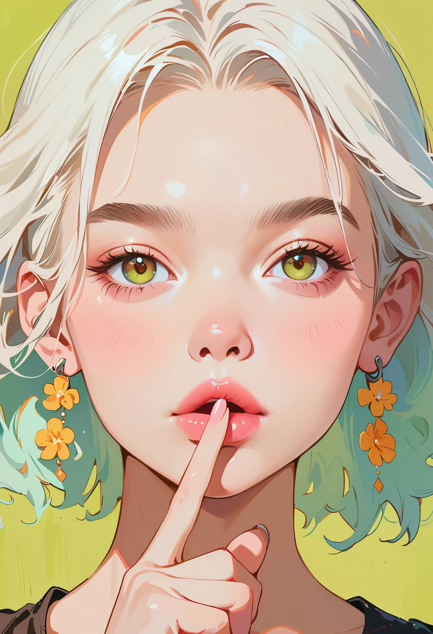 (masterpiece, best quality:1.2), 1 girl, Solitary，anime style，White hair, Girl with pink lips and light floral earrings puts finger on mouth，With the style of a top portrait painter, Yellow-green background.