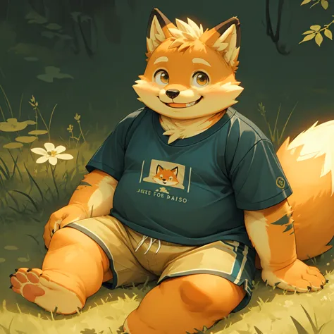 New Jersey 5 Furry，fox，Personal portrait,Exquisite，Chubby，Orange plush fur，Cute face，child，t-shirt，shorts，Sitting on the grass，S...