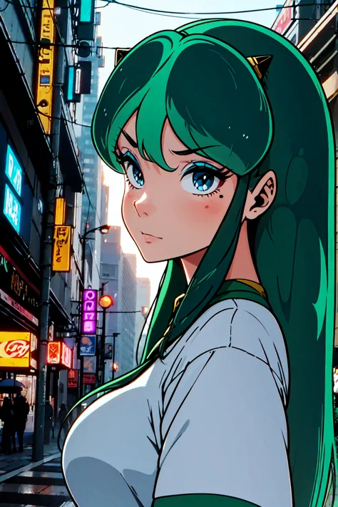 lum, long hair, breasts, blue eyes, eyeshadow, green hair, horns, night, Colorful cyberpunk city background, Cyberworld, rain, s...