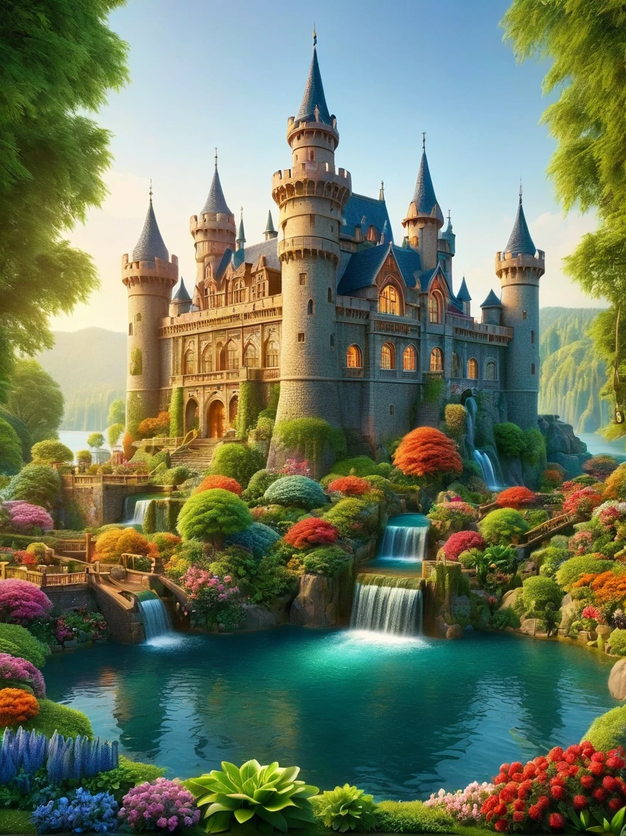 Imagine a serene and magical fantasy world. In the heart of this vibrant, enchanted setting stands a majestic castle. It sits in the middle of an expansive lake, surrounded by an array of diverse aquatic plants. Many flowers of different types and radiant colors punctuate the lovely landscape, adding to its charm. Multiple waterfalls spring from nearby cliffs, their water glistening under the dawn light as they feed the lake. The sun is just beginning to peek over the horizon, casting beautiful, warm hues onto the castle and the surrounding nature with its first light of the day.