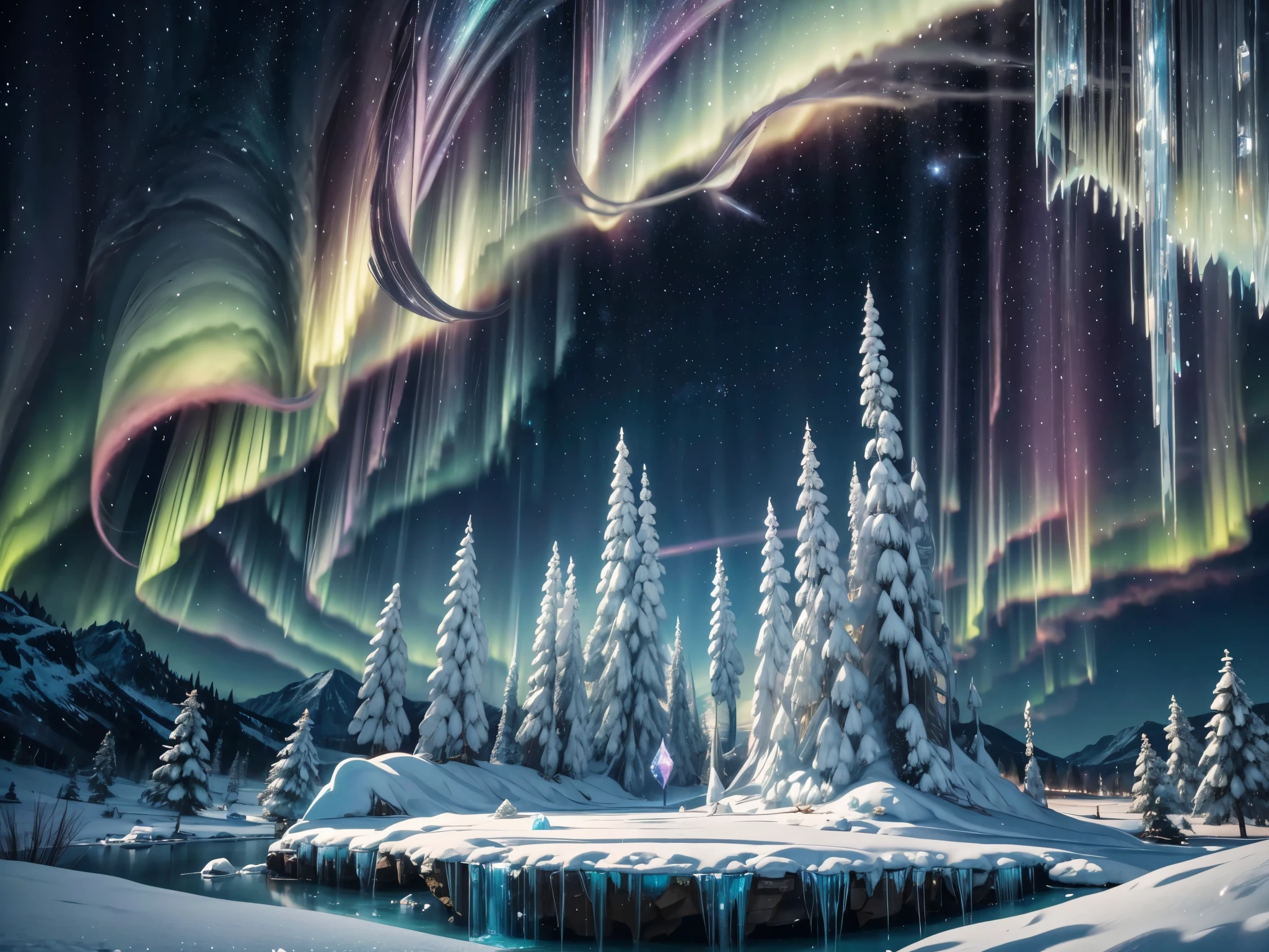 (best quality,4k,8k,highres,masterpiece:1.2),a dreamy castle,a frozen world,living creatures in the heavenly realm,ethereal creatures made of ice,sparkling ice sculptures,icy landscape with towering mountains and frozen lakes,magical light illuminating the scene,glowing crystals hanging from the ceiling,translucent wings that shimmer in the sunlight,delicate snowflakes floating in the air,cotton candy clouds in pastel colors,serene and peaceful atmosphere,faint sound of music echoing in the distance,frozen flowers in full bloom,playful snow sprites dancing in the snow-covered meadows,gentle snowfall adding a touch of magic to the scene,mysterious portal leading to other realms,whispers of enchantments and secrets whispered in the wind,luminous auroras painting the sky with vibrant colors,peaceful yet powerful energy radiating from the surroundings,mystical beings with glowing eyes observing from a distance,ancient ruins covered in ice and snow,nostalgic sense of beauty and wonder,icy sculptures depicting mythical creatures and legendary tales,celestial beings with wings made of ice and frost,frozen waterfalls cascading down the mountains, ethereal mist enveloping the landscape, a sense of serenity and tranquility, a magical kingdom beyond imagination.