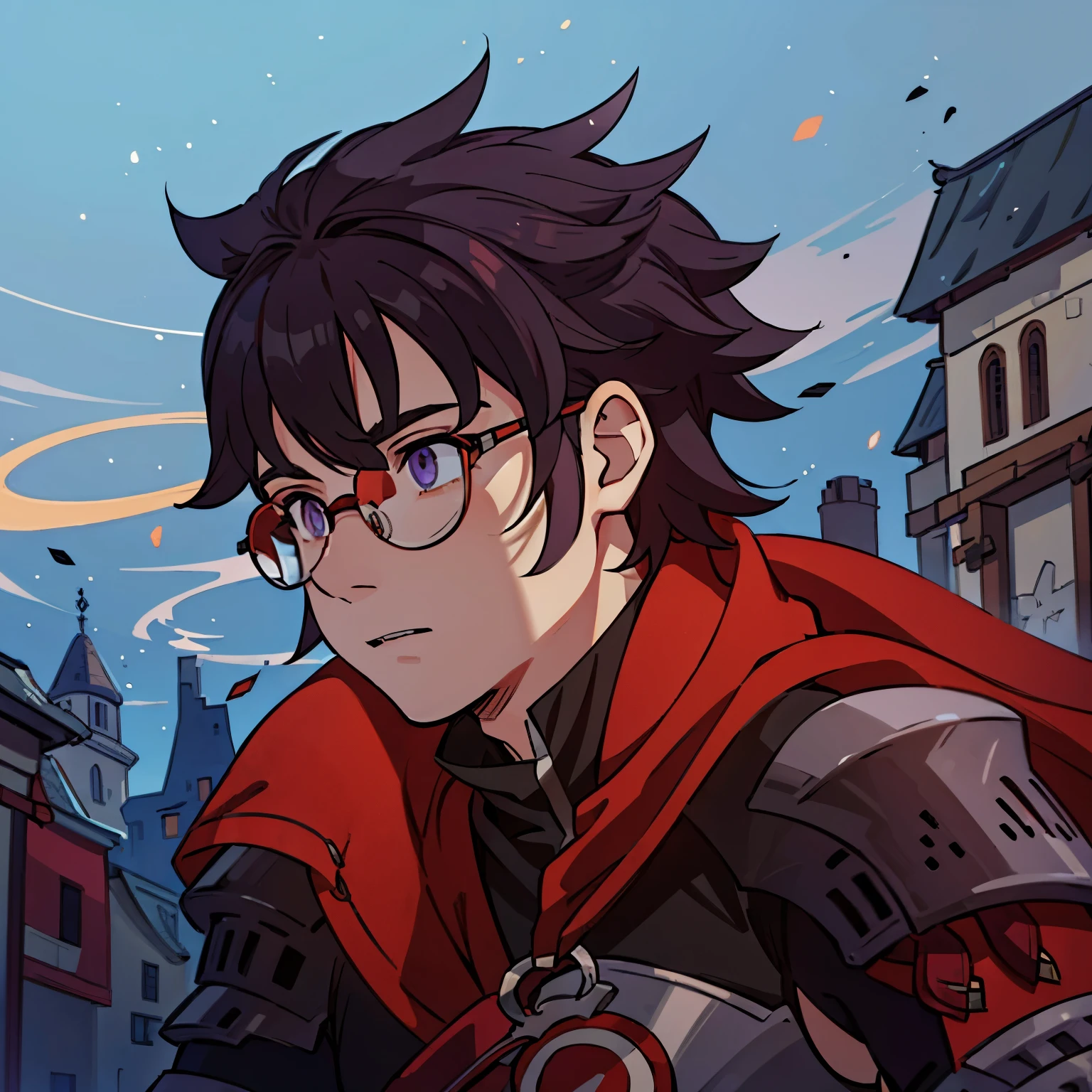 Large medieval kingdom in the background, old mature male, black hair, mullet hair, tall male, purple eyes, bright eyes, brilliant eyes, 32 years old, glasses, fat, chubby, medieval armor, light armor, (((red armor:1.0))), Mystical armor, Golden details on the armor, elsword style armor, Neutral face, high resolution:1.2, best quality, masterpiece, daylight, Reflection of lens