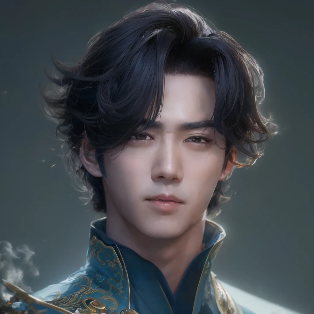 ((masterpiece )), (top quality), (best quality), ((ultra-detailed, 8k quality)), Aesthetics, Cinematic lighting, (detailed line art), (best composition), (high-resolution) two-dimensional，Zheng Yecheng, solo, 1boy, a handsome Idol, Kpop, soft light, unreal face, magnificent face, majestic face, ethereal face, anime style，one person（male warrior），Correct proportions，facial details，swordsman，High ponytail hairstyle，neck details，blue robe，joke，blue and purple robe，clothing details，long sleeve，Game quality，fencing，Ray tracing，Ray tracing，Delicate glow，CG rendering，Hair details，long black hair，Black eyes，Handsome，Costumes are complicated，perfect composition，refine，high quality，More details，complex background，a sense of atmosphere