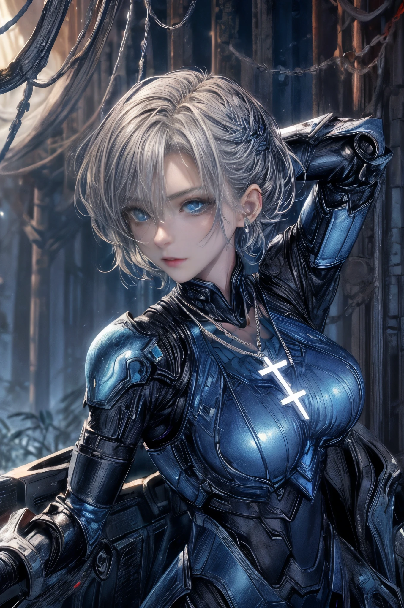 Cinema Lighting、highest quality,Cyberpunk World、1 female、(Beautiful 20 year old woman、Beautiful facial detail 、short hair、Shoulder-length hair、blue eyes:1.4)break,Medium Hair、（vivid Shiny BLUEヘアカラー:1.6）
break
 (A perfect dark black leather battle suit、The joints have corners:1.3), (Silver Cross Necklace:1.3)、break.（Grey Hair）
（In the forest、Open Terrain、Daytime:1.2）break（Portrait Angle）