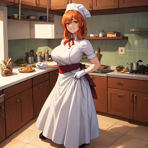 A woman wearing a white chef's outfit, chef's hat, white gloves, light orange red hair, green eyes, smiling, in a kitchen standi...