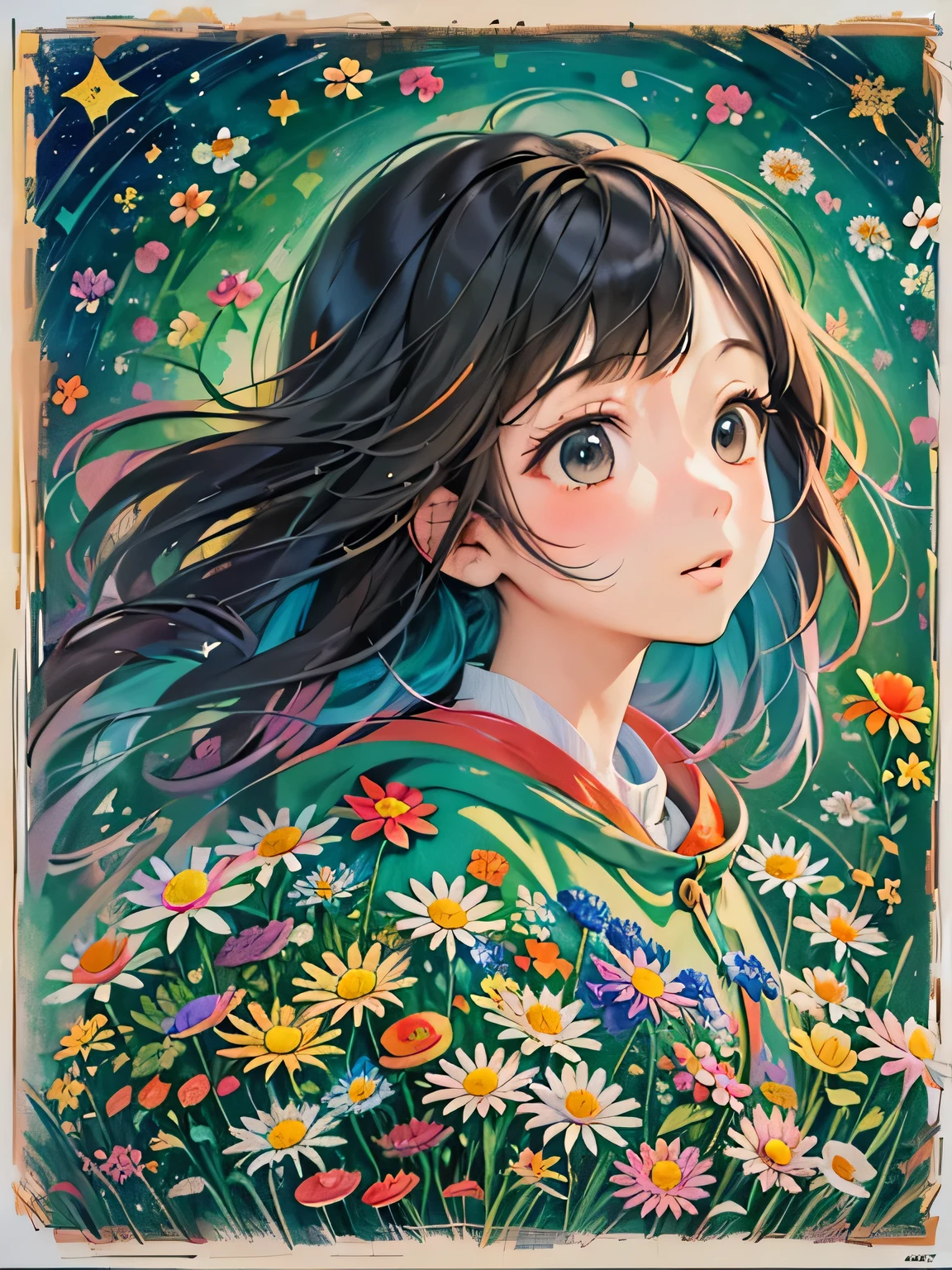 À la manière de Takashi Murakami、Qualité 8k、aquarelle intense, Aquarelle détaillée, Éclaboussure d&#39;aquarelle, surréaliste, Avant-garde pop art, Des peintures belles et expressives, Belle illustration d’œuvre d’art, des tons très colorés, merveilleux, beauté cool, la plus haute qualité、art officiel, Art vectoriel, design élégant, ((La plus belle fille de tous les temps)), (((la plus haute qualité))), HDR, ((détaillé)), (((Griffonnage)), ((chef-d&#39;œuvre)), ((Super détaillé)), (((Fleurs colorées))), jour drôle