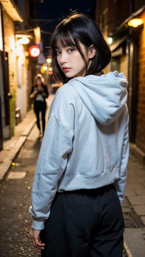 18-year-old,korean women,holding a small brown glass bottle,(((neon city back alley at night))),(((frowning,カメラをglare))),(very b...