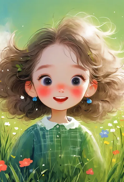 (masterpiece, best quality:1.2), 1 Girl, Solitary, big eyes，Fluffy hair， hapiness，happy，grassland，Rough texture，Hand-drawn style，
