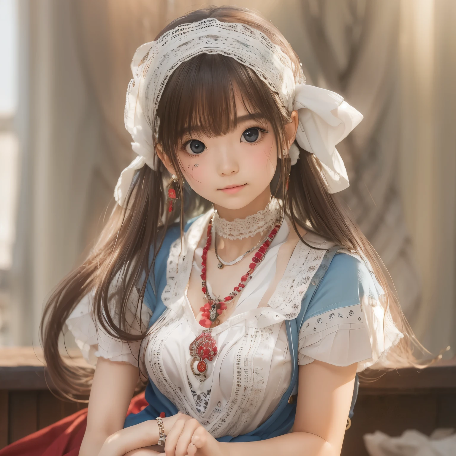 detailed face, cute face,brown eye, ((sfw: 1.4)), (sfw,She is wearing a long white embroidered skirt, a red blouse with lace, a white apron tied around her waist, blue socks, and brown leather shoes.A blue scarf is on her head. Yes, her accessories include necklaces, earrings, and bracelets. 1 Girl)), Ultra High Resolution, (Realistic: 1.4), RAW Photo, Best Quality, (Photorealistic Stick), Focus, Soft Light, ((15 years old)),  ((Japanese)), (( (young face))), (surface), (depth of field), masterpiece, (realistic), woman, bangs, ((1 girl))