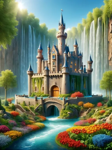 Imagine a magical scene where a castle is made completely out of water. The castle towers are composed of clear, sparkling water...