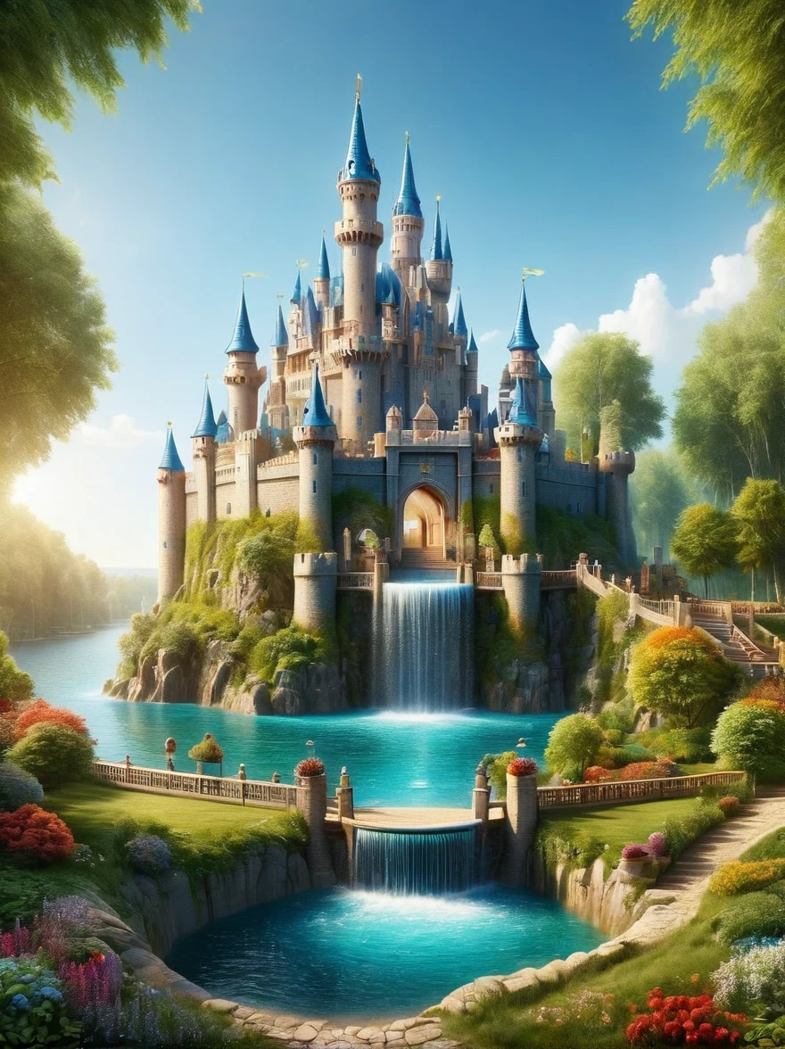 Imaginez une scène magique où un château est entièrement fait d&#39;eau. Les tours du château sont composées de clair, Eau gazeuse, debout et fier, créant un spectacle fascinant. Ses murs ressemblent à des cascades, couler gracieusement. Les portes du château ressemblent à des courants d&#39;eau qui s&#39;ouvrent et se ferment sans jamais perdre leur essence aqueuse.. Ce fantastique château d&#39;eau apparaît par une journée ensoleillée, faisant danser et jouer les rayons du soleil sur ses surfaces, créant un spectre de couleurs à couper le souffle.