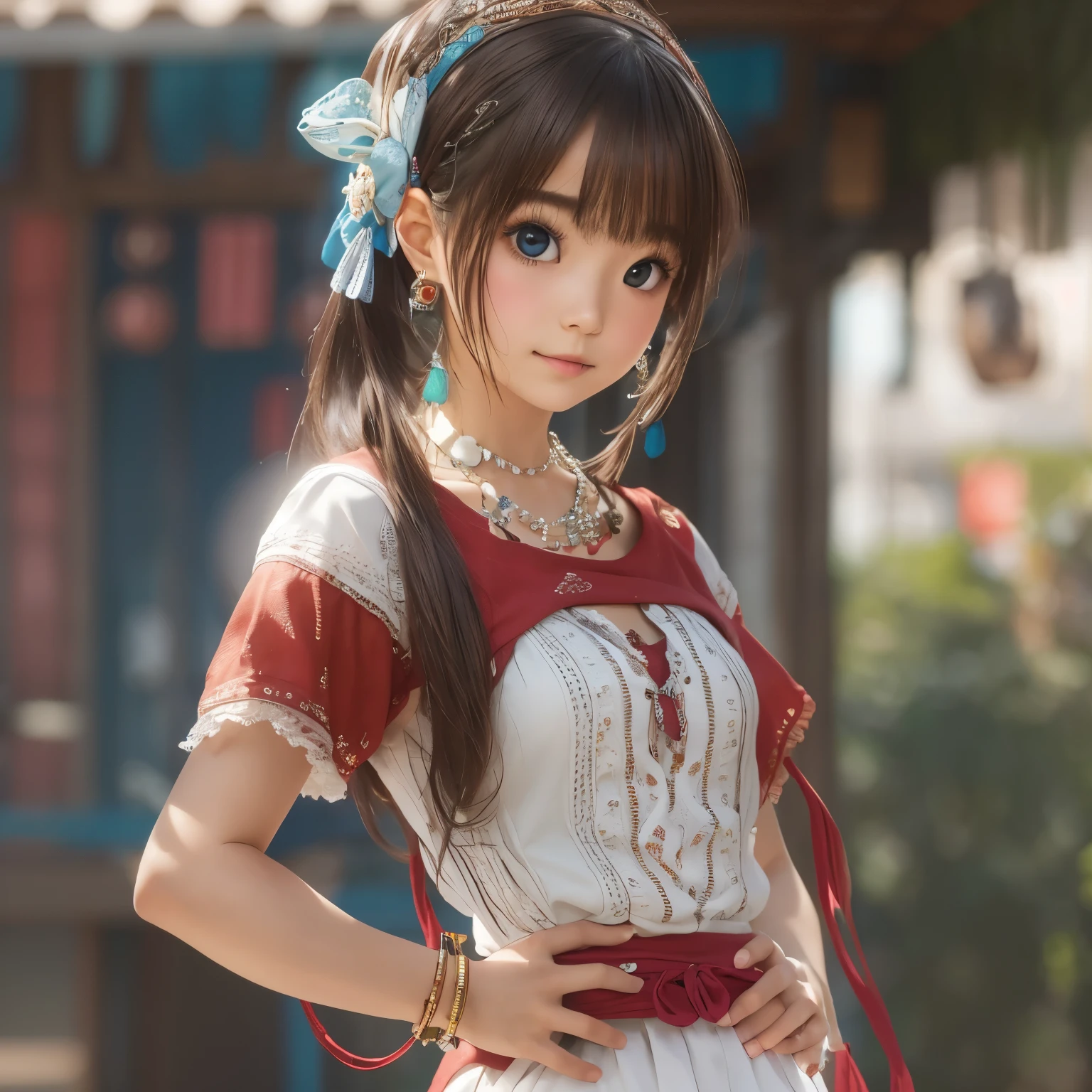 detailed face, cute face,brown eye, ((sfw: 1.4)), (sfw,She is wearing a long white embroidered skirt, a red blouse with lace, a white apron tied around her waist, blue socks, and brown leather shoes.A blue scarf is on her head. Yes, her accessories include necklaces, earrings, and bracelets. 1 Girl)), Ultra High Resolution, (Realistic: 1.4), RAW Photo, Best Quality, (Photorealistic Stick), Focus, Soft Light, ((15 years old)),  ((Japanese)), (( (young face))), (surface), (depth of field), masterpiece, (realistic), woman, bangs, ((1 girl))