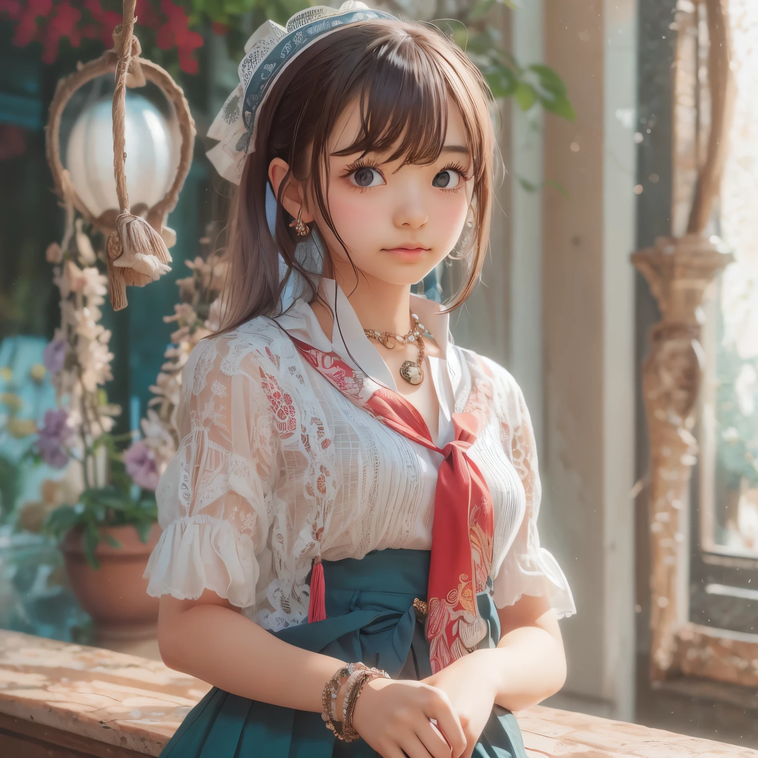 detailed face, cute face,brown eye, ((sfw: 1.4)), (sfw,She is wearing a long white embroidered skirt, a red blouse with lace, a white apron tied around her waist, blue socks, and brown leather shoes.A blue scarf is on her head. Yes, her accessories include necklaces, earrings, and bracelets. 1 Girl)), Ultra High Resolution, (Realistic: 1.4), RAW Photo, Best Quality, (Photorealistic Stick), Focus, Soft Light, ((15 years old)),  ((Japanese)), (( (young face))), (surface), (depth of field), masterpiece, (realistic), woman, bangs, ((1 girl))