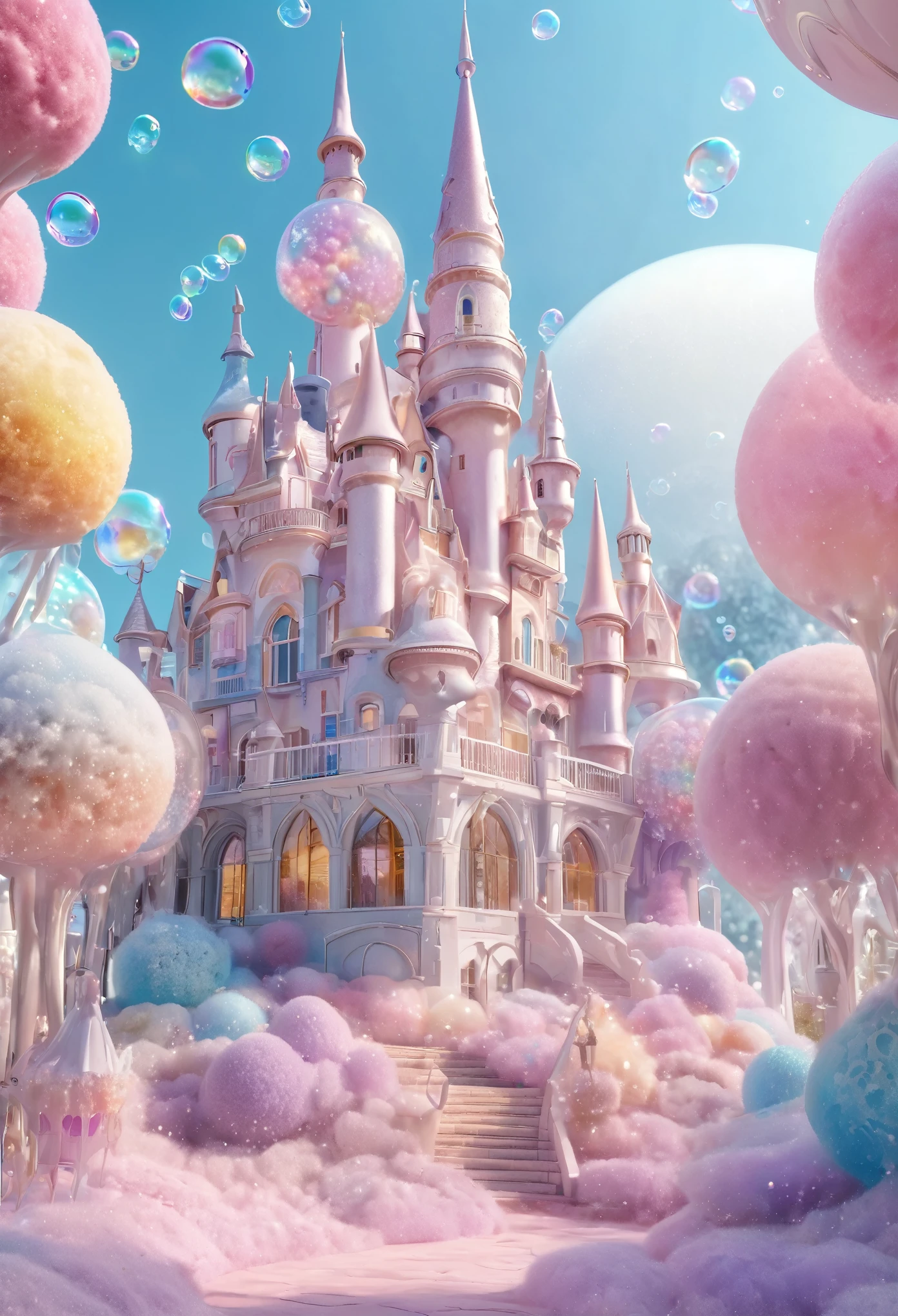 best quality, super fine, 16k, incredibly absurdres, extremely detailed, delicate and dynamic, dream world, mysterious castle filled with pastel-colored, fluffy, iridescent soap bubbles that look like sweets.