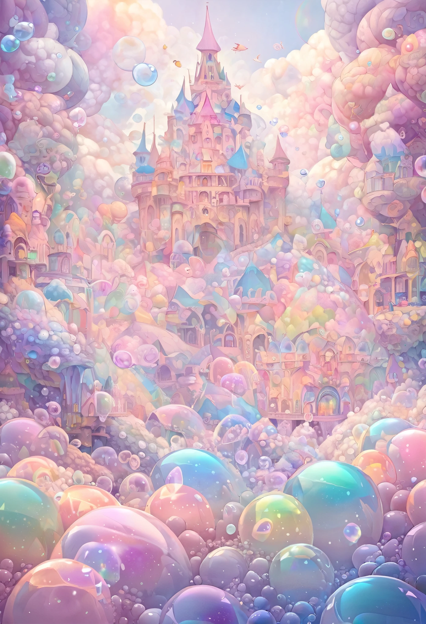 最好的质量, 非常好, 16千, 荒谬至极, 极其详细, 细腻而动感, 梦想世界, 充满柔和色彩的神秘城堡, 蓬松的, 看起来像糖果的彩虹色肥皂泡.
