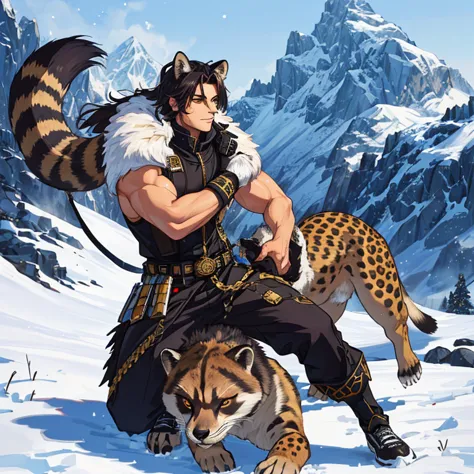 young, handsome, strong, musculoskeletal soldier playing with a sea lion body chimera puppy, seal tail, cheetah fur, raccoon shi...