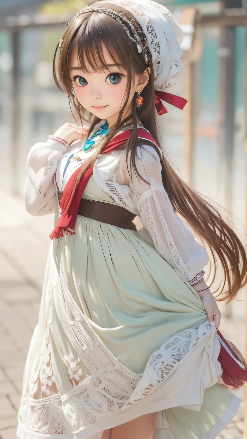 detailed face, cute face,brown eye, ((sfw: 1.4)), (sfw,She is wearing a long white embroidered skirt, a red blouse with lace, a white apron tied around her waist, blue socks, and brown leather shoes.A blue scarf is on her head. Yes, her accessories include necklaces, earrings, and bracelets. 1 Girl)), Ultra High Resolution, (Realistic: 1.4), RAW Photo, Best Quality, (Photorealistic Stick), Focus, Soft Light, ((15 years old)),  ((Japanese)), (( (young face))), (surface), (depth of field), masterpiece, (realistic), woman, bangs, ((1 girl))
