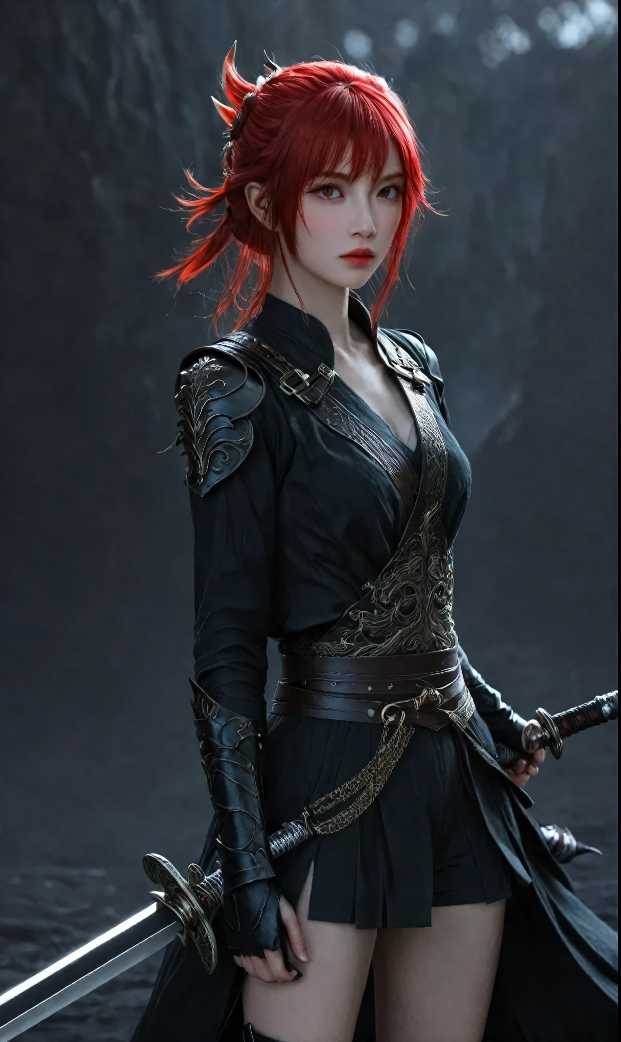 femenino, fantasía, arte, negro, blanco, Rojo, Dragon, espada, espada, espada, espada, espada, espada, espada, espada,, by Yang J, dark fantasía style arte, Epic fantasía arte style, 2. 5 D CGI anime fantasía artework, Fantasy arte style, Fanarte Meilleure ArtStation, Epic fantasía arte style HD, 4K fantasía arte