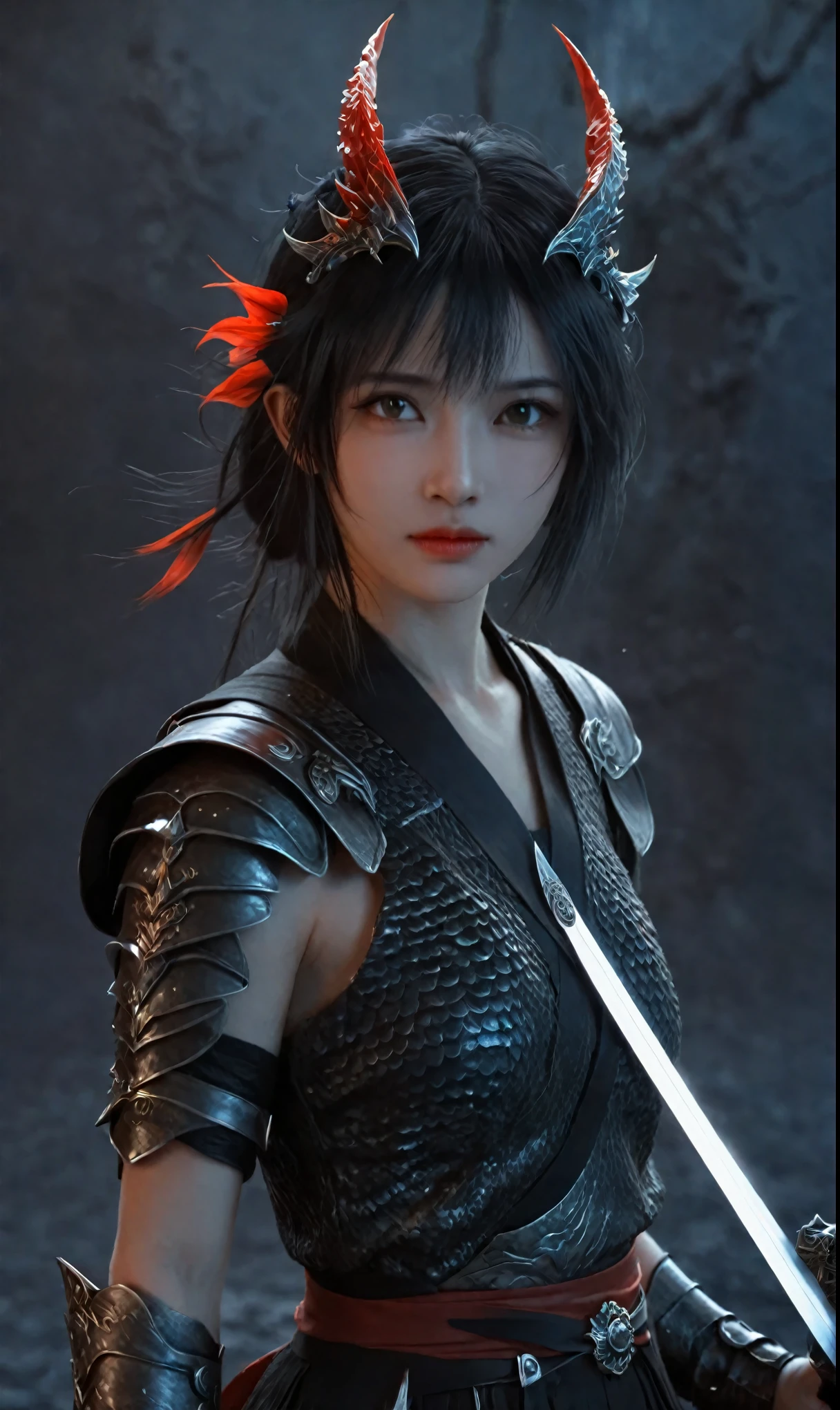 femenino, fantasía, arte, negro, blanco, Rojo, Dragon, espada, espada, espada, espada, espada, espada, espada, espada,, by Yang J, dark fantasía style arte, Epic fantasía arte style, 2. 5 D CGI anime fantasía artework, Fantasy arte style, Fanarte Meilleure ArtStation, Epic fantasía arte style HD, 4K fantasía arte