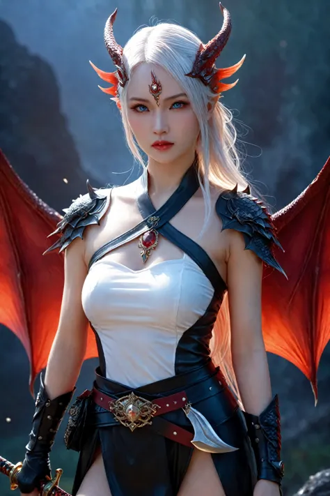 Female, fantasy, art, black, White, Red, Dragon, sword, by Yang J, dark fantasy style art, Epic fantasy art style, 2. 5 D CGI an...