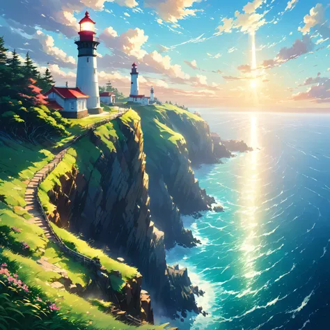 a painting of a lighthouse on a cliff overlooking the ocean, ross tran. scenic background, lighthouse, beautiful anime scenery, ...