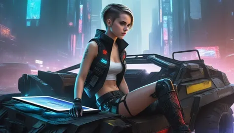A young female hacker sitting on the hood of a wrecked APC in a cyberpunk metropolis facing the viewer, right arm resting on her...