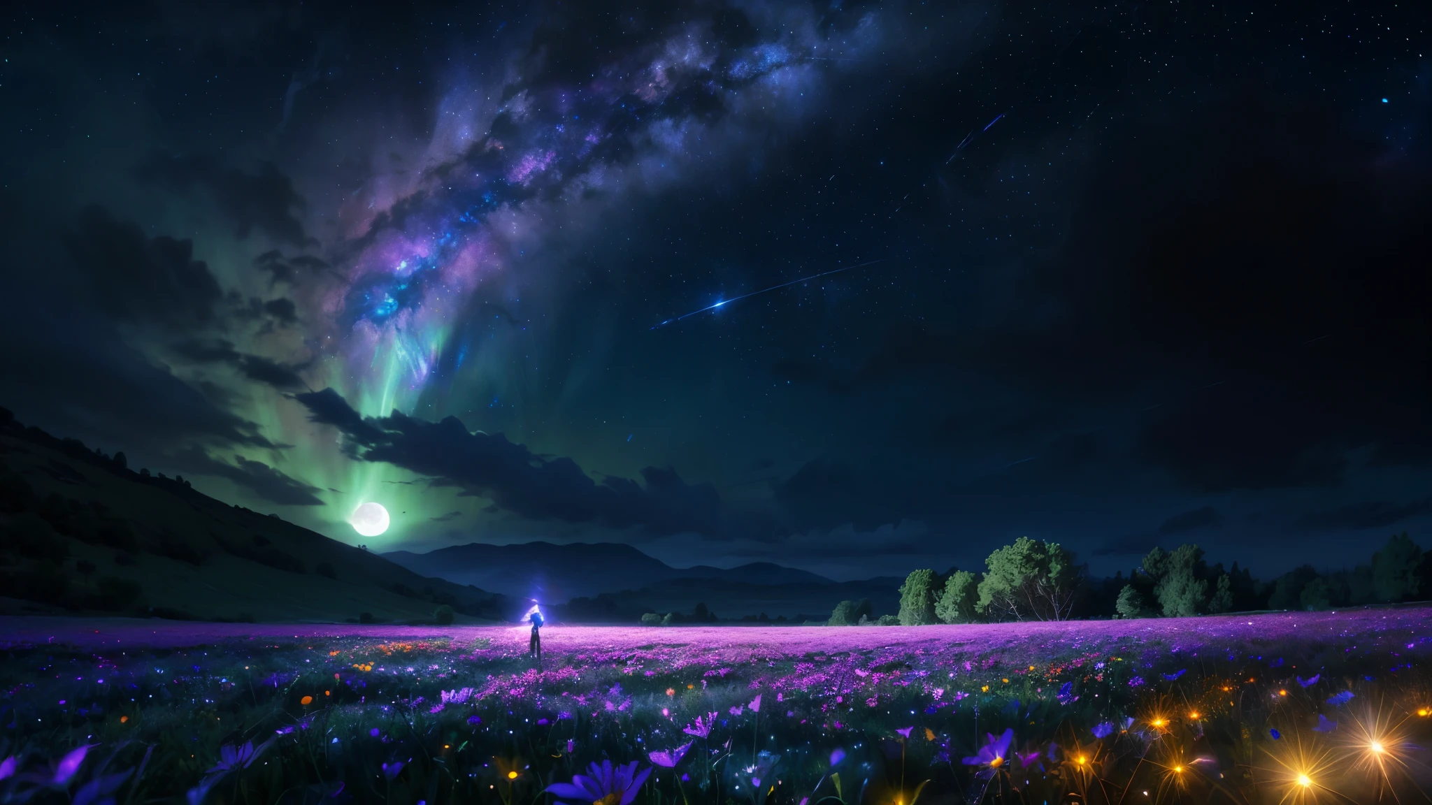 expansive landscape photography, (a bottom view showing the sky above and open country below), a girl standing in a field of flowers looking up, (full moon: 1.2), (shooting stars: 0.9), (nebula : 1.3), distant mountain, BREAK tree production art, (warm light source: 1.2), (Firefly: 1.2), lamp, lots of purple and orange, intricate details, volumetric lighting, BREAK realism (masterpiece: 1.2) , (best quality), 4k, ultra-detailed, (dynamic compositing: 1.4), highly detailed, colorful details, (iridescent colors: 1.2), (bright lighting, atmospheric lighting), dreamy, magical, (solo: 1.2)