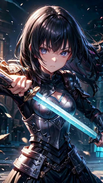 (holds a magic sword), (cool girl), swordsman, (shiny black hair), bangs covering her eyes, armor